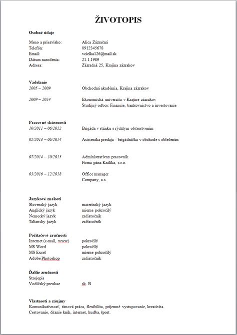 Príklad záhlavia životopisu s kontaktnými údajmi