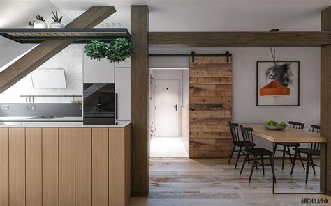 Interiér podkrovného bytu s priznanými trámami