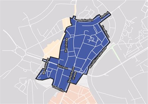 Mapa centra Nitry s vyznačenými ulicami Štúrova a Fraňa Mojtu