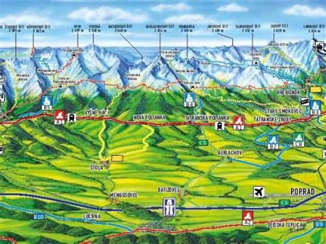 Mapa Vysokých Tatier s vyznačenými časťami ako Tatranská Lomnica, Horný Smokovec, Nový Smokovec