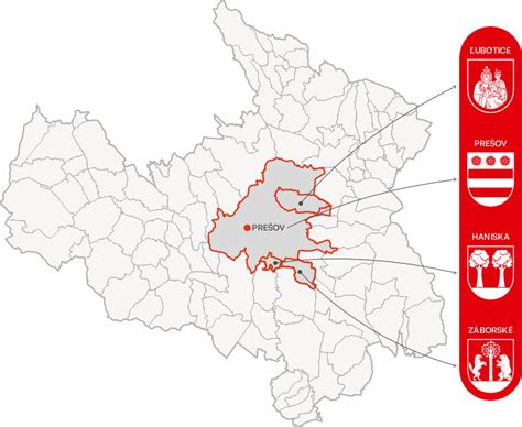 Mapa regiónu Prešov s vyznačenými obcami Ľubotice a Petrovany