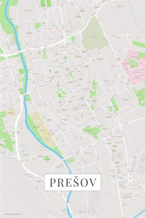 Mapa Prešova s vyznačenými ulicami