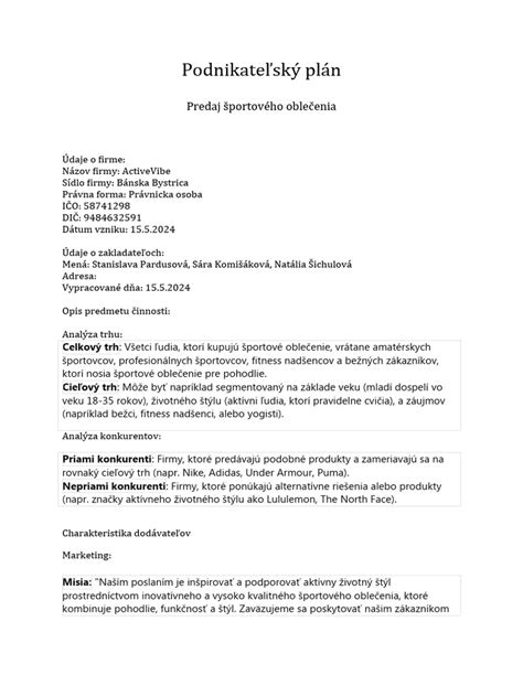 Podnikateľský plán a jeho prvky