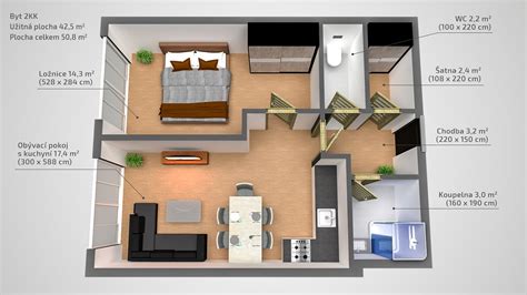 Ilustrácia pôdorysu bytu 30 m² rozdeleného na funkčné zóny