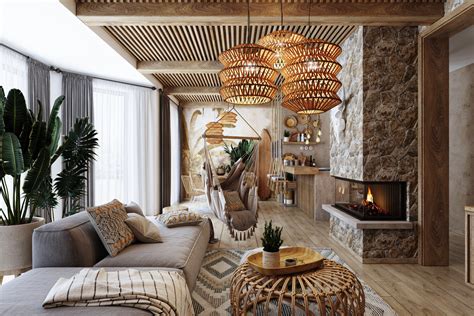 Ilustrácia luxusnej obývačky s krbom a výhľadom na záhradu