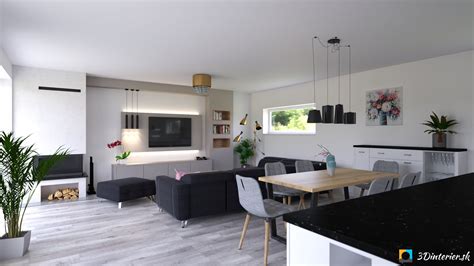Moderný interiér obývacej izby s prepojenou kuchyňou