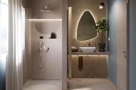 moderná kúpeľňa so sprchou walk-in a lineárnym odtokovým žľabom