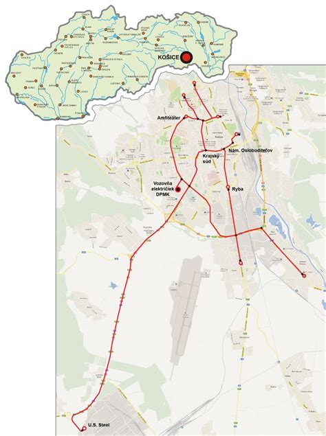 Mapa električkových tratí v Košiciach