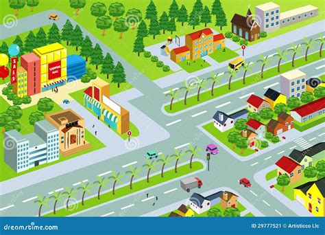 Illustration of various amenities in a city neighborhood