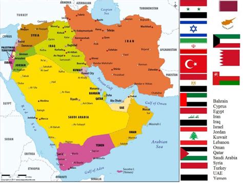 Mapa Blízkeho východu s vyznačenými krajinami