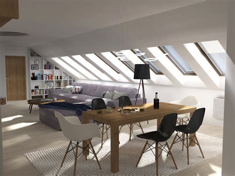 Interiér podkrovného bytu s výhľadom