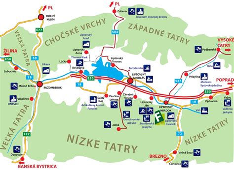 Mapa Liptova s vyznačenými rekreačnými strediskami