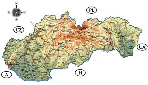 Mapa Slovenskej republiky s vyznačenými hlavnými mestami regiónov a oblasťami s vysokou koncentráciou ubytovacích zariadení.
