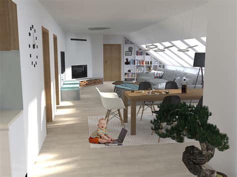 Vizualizácia interiéru podkrovného bytu s priznanými trámami a moderným nábytkom