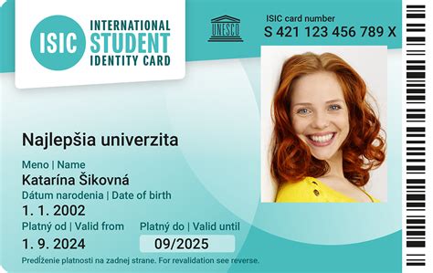 Ilustrácia preukazu študenta ISIC s rôznymi symbolmi a logami
