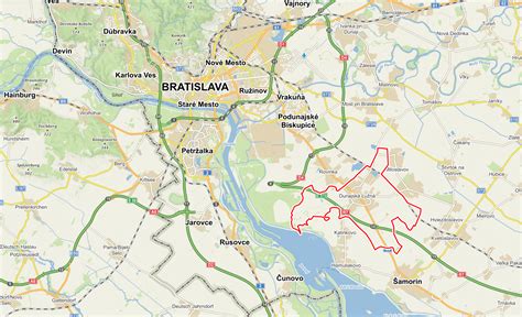 Mapa obce Dunajská Lužná s vyznačenou ulicou Vodárenská