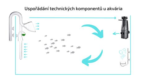 Schematické znázornenie cirkulácie vody v akváriu s rôznymi umiestneniami filtračného výtoku