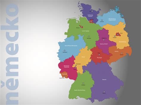 Mapa Nemecka s označenými hlavnými mestami a univerzitnými mestami.