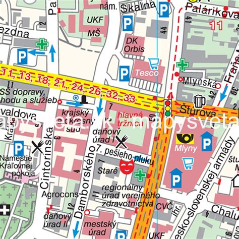 Mapa Nitry s vyznačenou mestskou časťou Chrenová