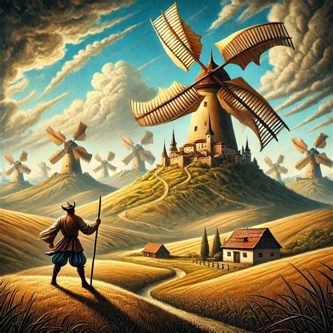 Ilustrácia znázorňujúca Don Quijota bojujúceho s veternými mlynmi
