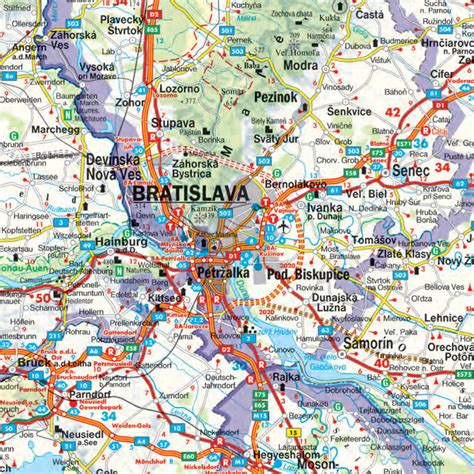 Mapa Bratislavy s vyznačenými mestskými časťami a obcami, kde sa nachádzajú mezonety