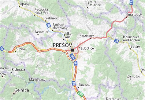 Mapa centra Prešova s vyznačenými kľúčovými bodmi