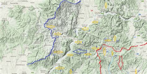 Mapa Štiavnických vrchov s vyznačenými jazerami a tajchami