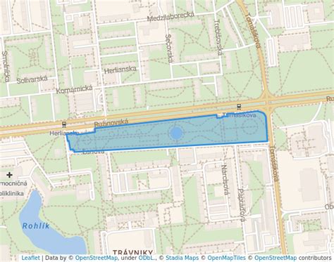 Mapa Ružinova s vyznačenými bodmi záujmu ako jazero Rohlík, Park Andreja Hlinku a OC Retro