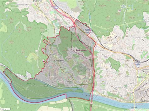 Mapa mestskej časti Bratislava - Karlova Ves s vyznačenými ulicami.