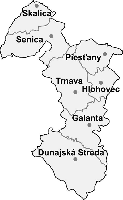 Mapa Trnavského kraja so zvýraznenými obcami