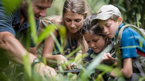 family exploring nature