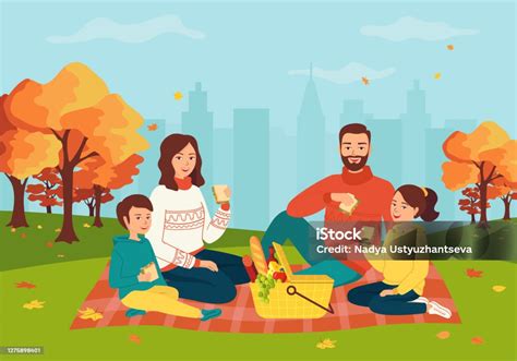 Ilustrácia rodiny užívajúcej si piknik pri jazere