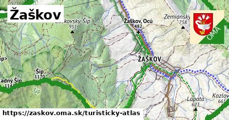 Mapa obce Žaškov a okolia s vyznačenými pohoriami Šíp a Zemiansky diel