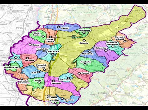 Mapa okresu Malacky s vyznačenými obcami