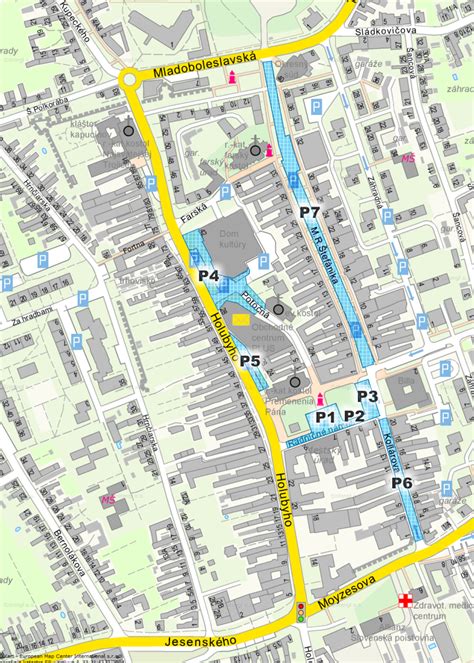 Mapa Pezinka s vyznačením Bystrickej ulice a okolitých obchodov
