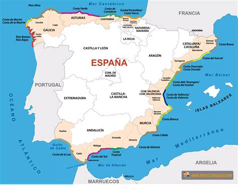 Mapa Španielska s vyznačenými pobrežiami Costa del Sol a Costa Blanca