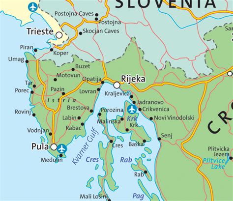 Mapa Chorvátska s vyznačenými regiónmi Istria, Kvarner a Dalmatia