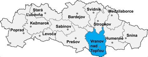 Mapa okresu Vranov nad Topľou s vyznačenými obcami