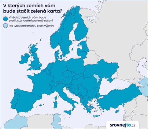 Mapa Európy s vyznačenými krajinami, kde platí zelená karta