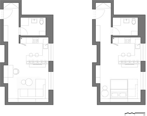 Pôdorys garsónky s navrhnutým nábytkovým delením priestoru