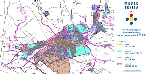 Mapa mesta Senica s vyznačenými lokalitami realitných ponúk