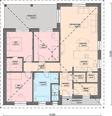 Schéma pôdorysu rodinného domu s vyznačenými rozmermi izieb