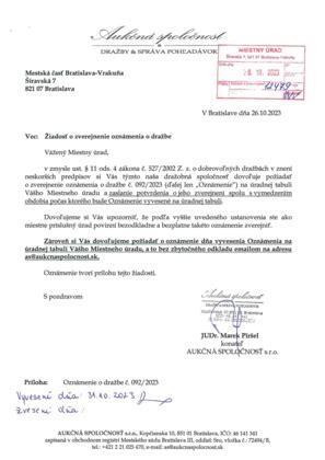 Ukážka oznámenia o dobrovoľnej dražbe