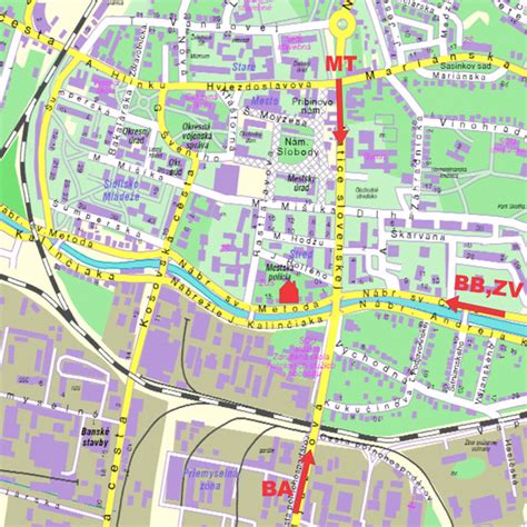 Mapa Prievidze s vyznačenými lokalitami Energetikov, Vansová a Žabník