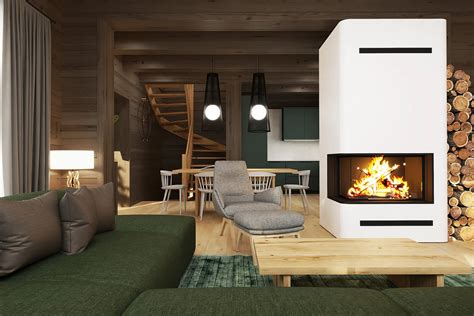 Interiér útulnej drevenej chaty s krbom