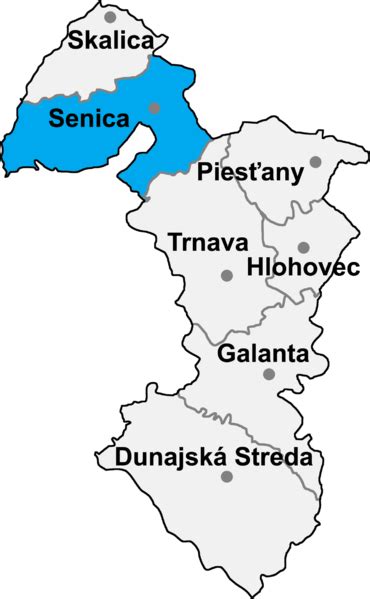 Mapa Záhoria s vyznačenými obcami Kúty, Senica, Skalica, Brodské, Sekule