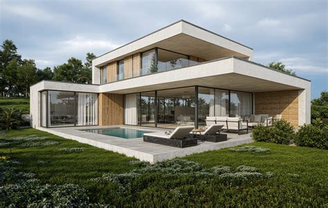 ilustračný obrázok modernej rodinnej vily na slnečnom pozemku