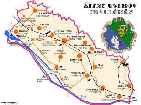 Mapa regiónu Žitný ostrov s vyznačenými mestami Veľký Meder a Dunajská Streda