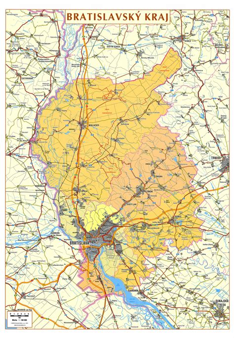 Mapa Bratislavského kraja s vyznačenými oblasťami s vyššou koncentráciou seniorských zariadení