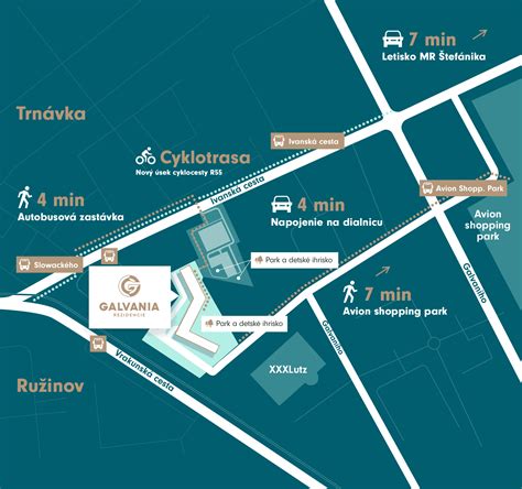 Mapa okolia Rezidencie Mestský Park s vyznačenými službami